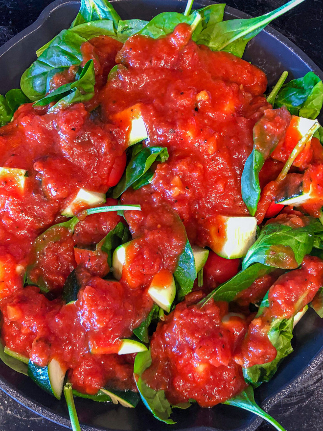 Supriya Raman Marinara Baked Vegetables with Garlic-Caper Fried Broccoli Rice