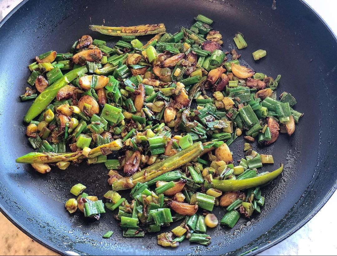 Pan fried Red Cabbage & Brussels Sprouts with Turmeric and Roasted garlic