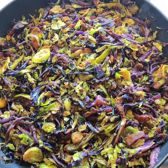 Pan fried Red Cabbage & Brussels Sprouts with Turmeric and Roasted garlic