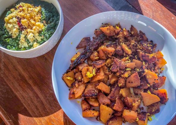 Butternut Squash Coconut stir-fry and Mashed Spinach with crisped Coconut