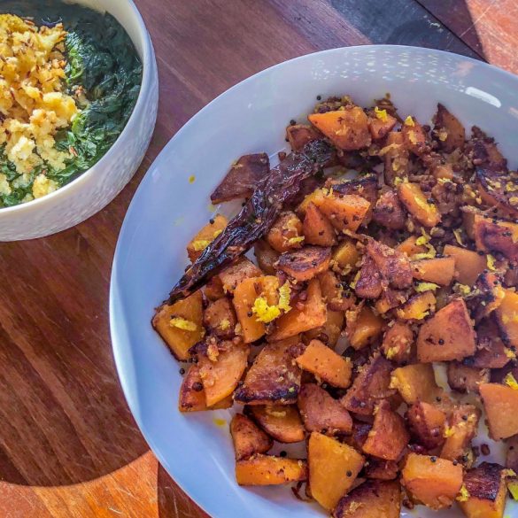 Butternut Squash Coconut stir-fry and Mashed Spinach with crisped Coconut