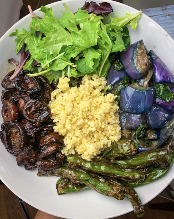 Sweet & Spicy Glazed Mushrooms & Basil Eggplant Bowl