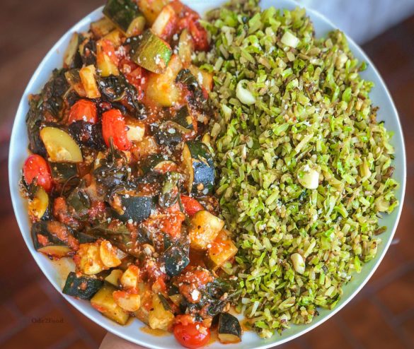 Marinara Baked Vegetables with Garlic-Caper Fried Broccoli Rice