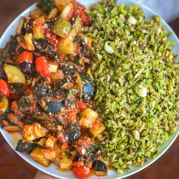 Marinara Baked Vegetables with Garlic-Caper Fried Broccoli Rice