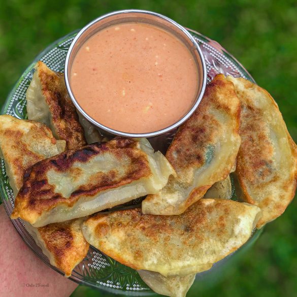 Crispy Vegetable Tofu Dumplings with Sesame Sriracha sauce