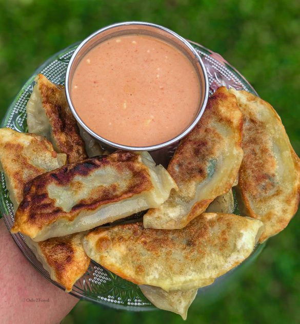 Crispy Vegetable Tofu Dumplings with Sesame Sriracha sauce